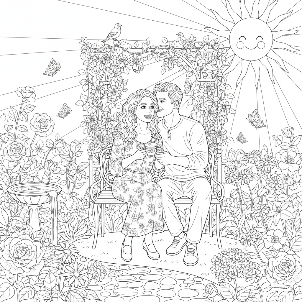 A cute adult scene in a garden with flowers and sunshine