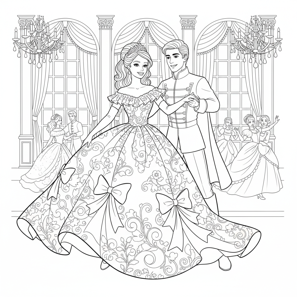 Barbie in a glamorous pink ball gown at a royal dance