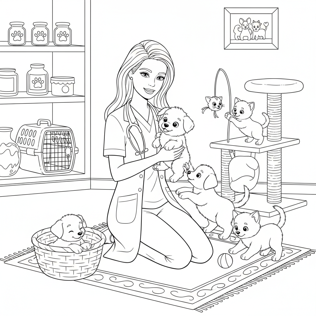 Barbie as a veterinarian caring for cute puppies and kittens
