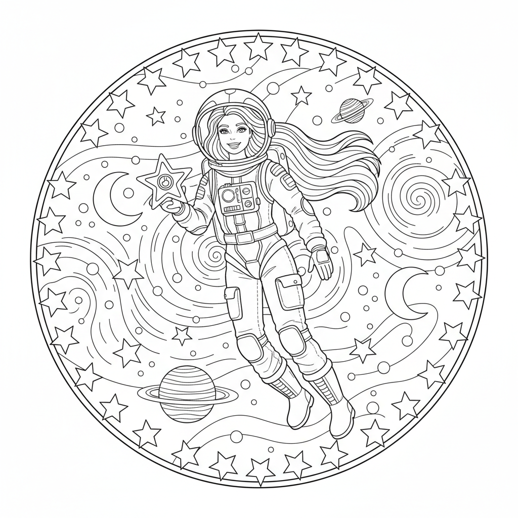 Barbie as an astronaut floating in space with stars