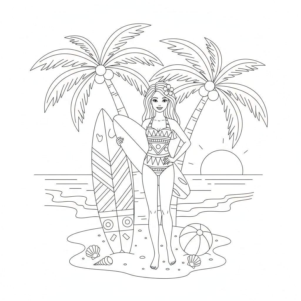 Barbie at the beach in a swimsuit with surfboard and palm trees