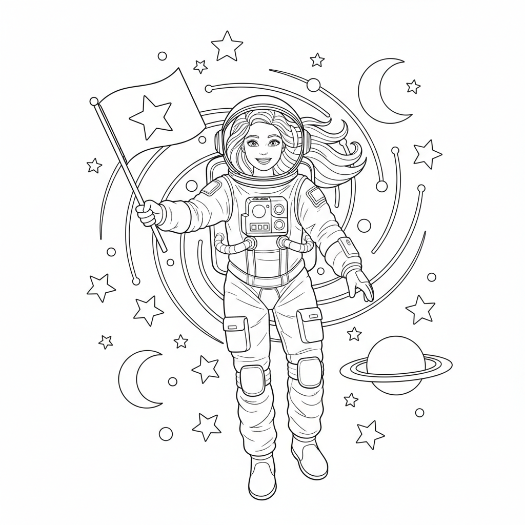 Barbie as an astronaut floating in space with stars