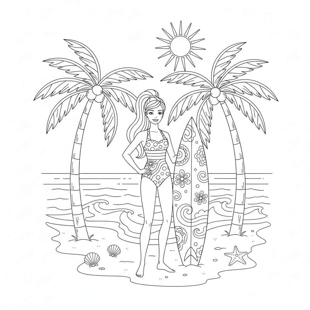 Barbie at the beach in a swimsuit with surfboard and palm trees