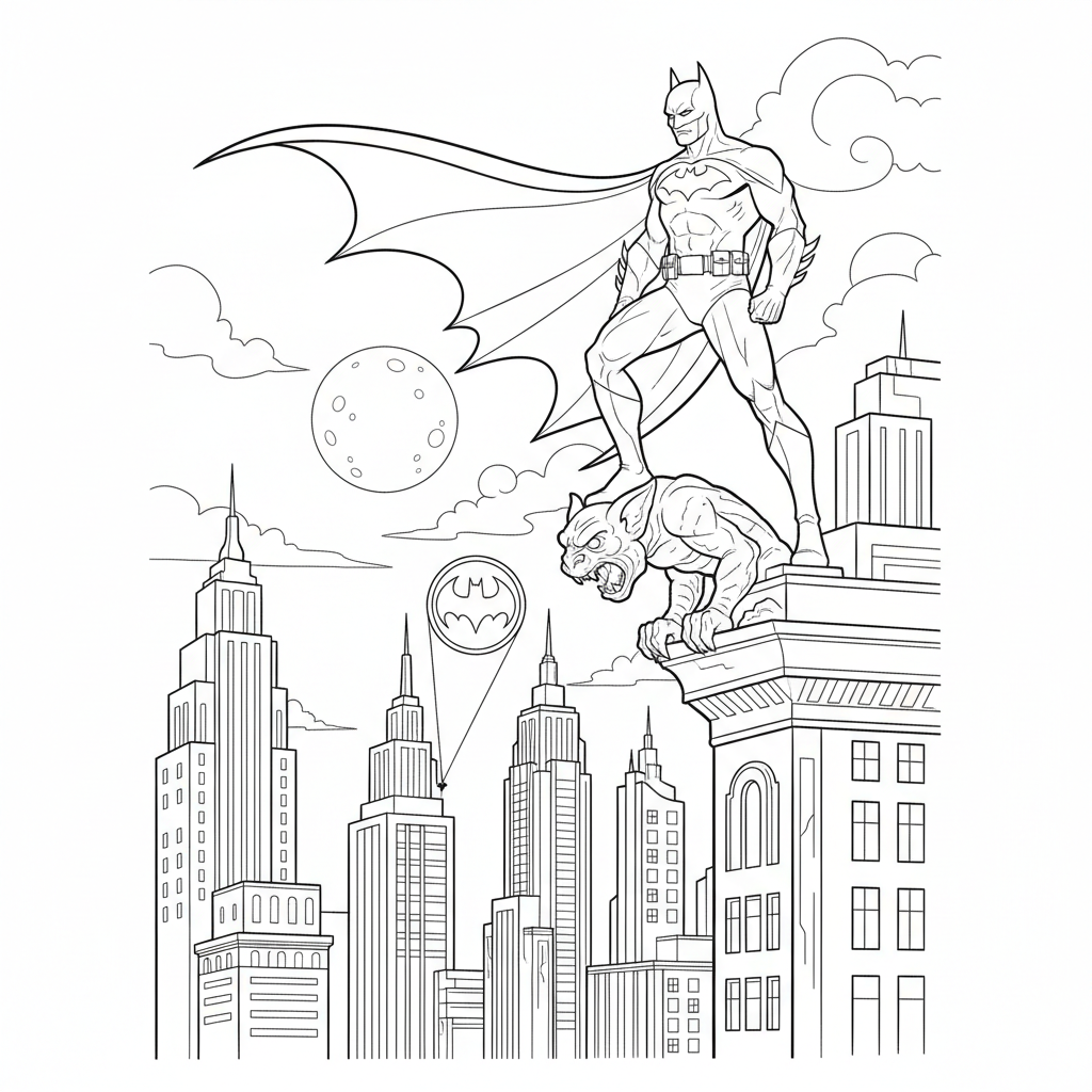 Batman standing on a gargoyle overlooking Gotham City at night