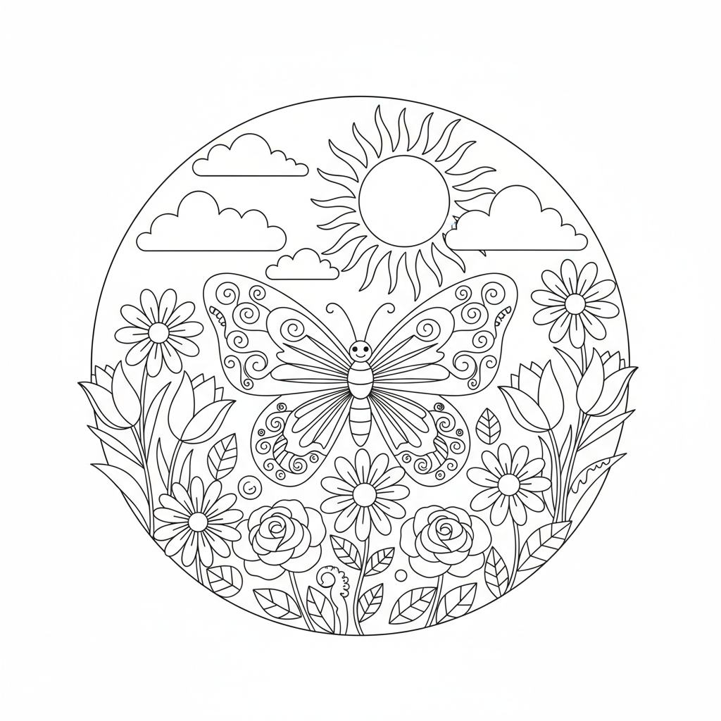 A cute butterfly scene in a garden with flowers and sunshine