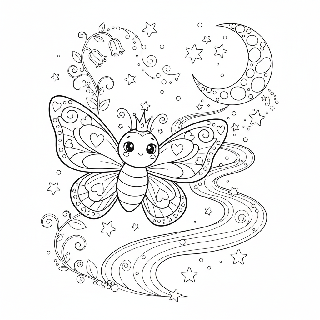 An adorable butterfly character in a magical setting with stars