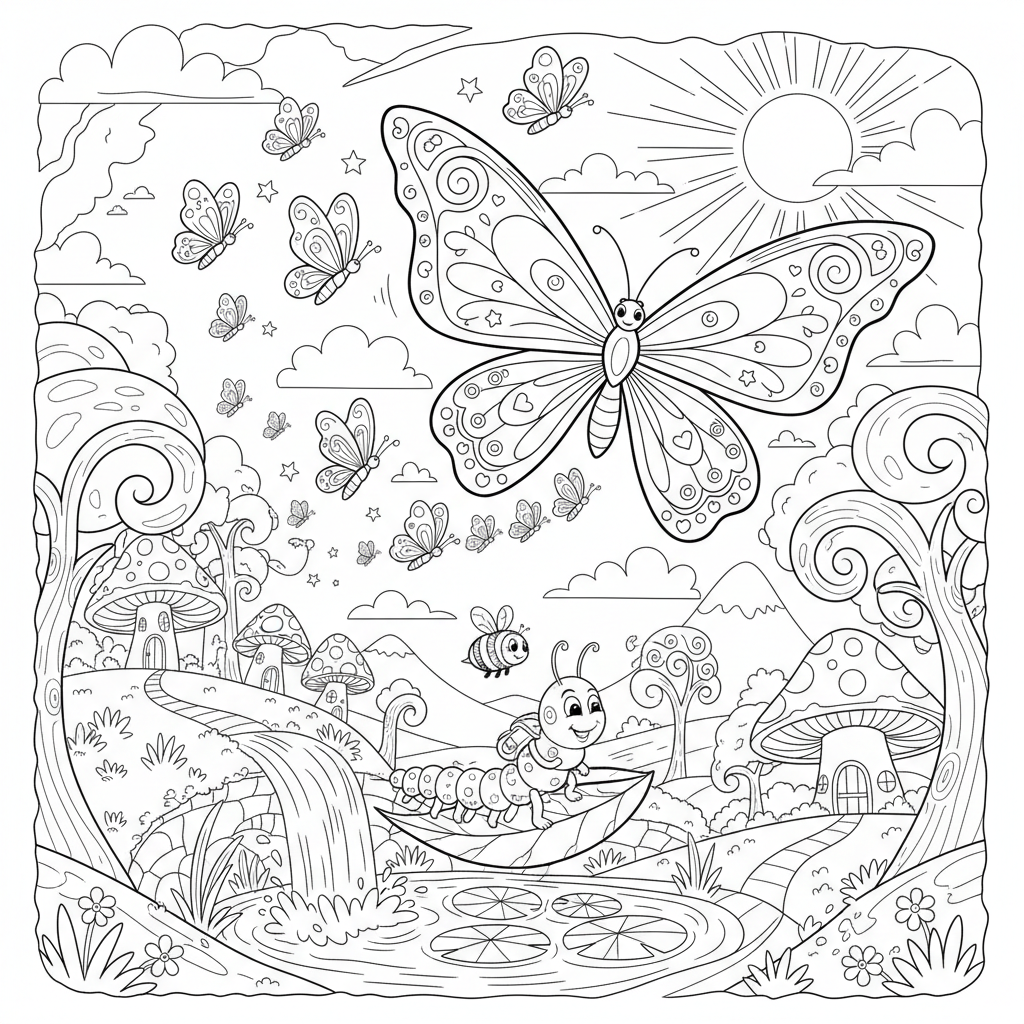 A butterfly adventure scene with excitement and movement