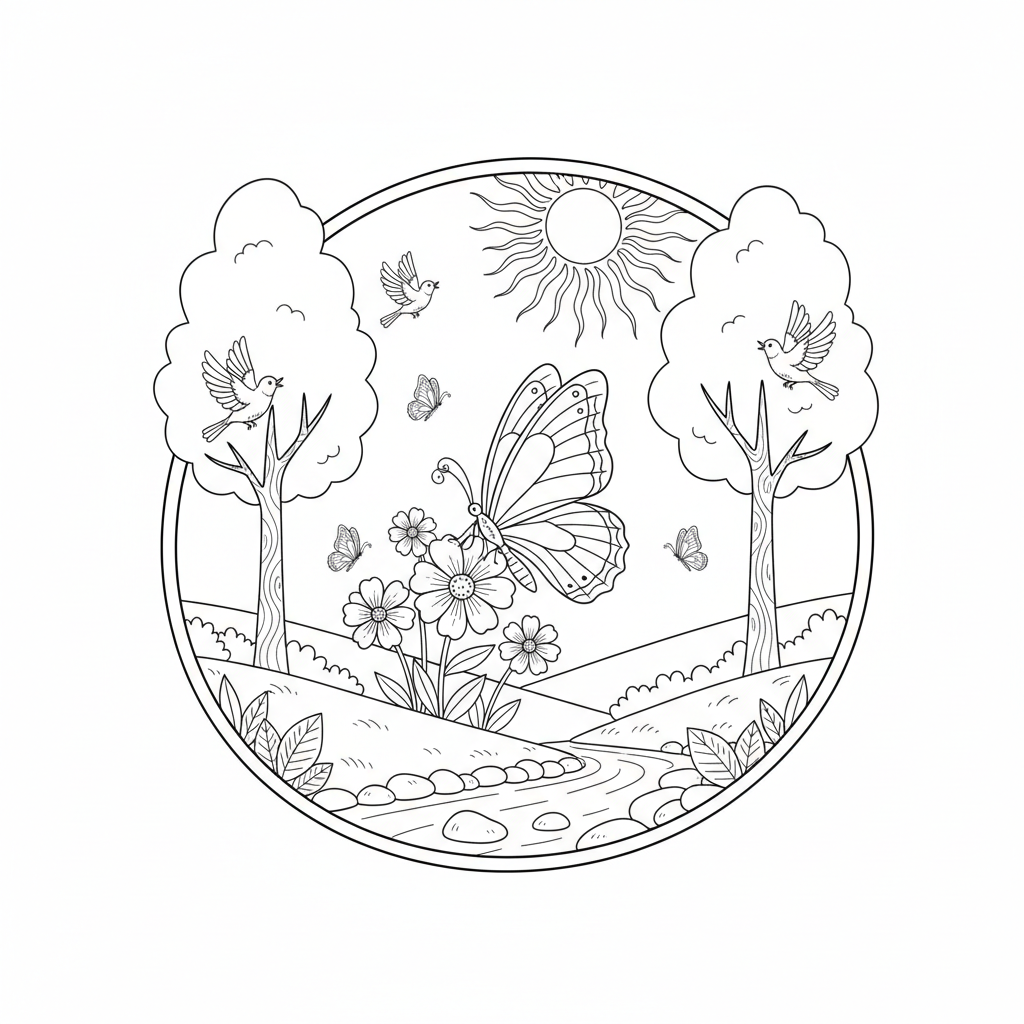 A peaceful butterfly scene in nature with trees and birds