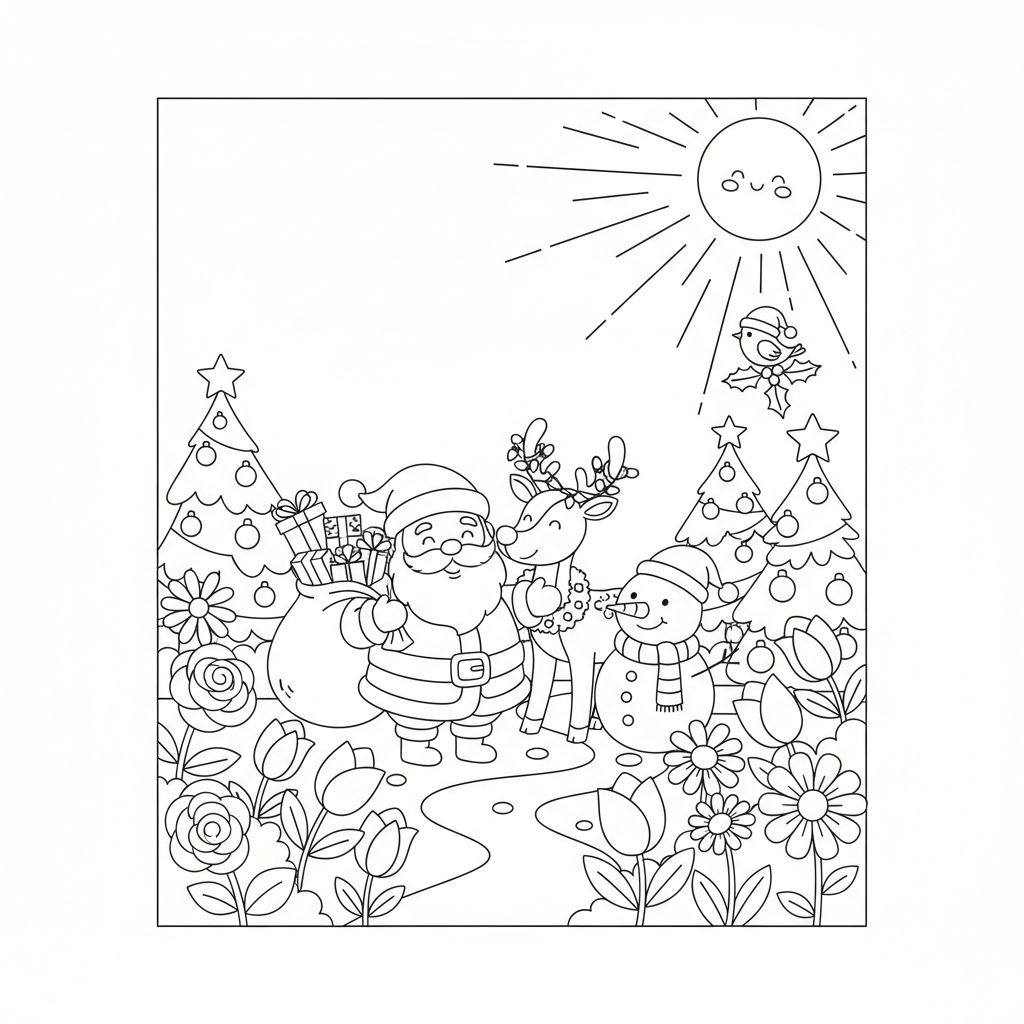 A cute christmas scene in a garden with flowers and sunshine