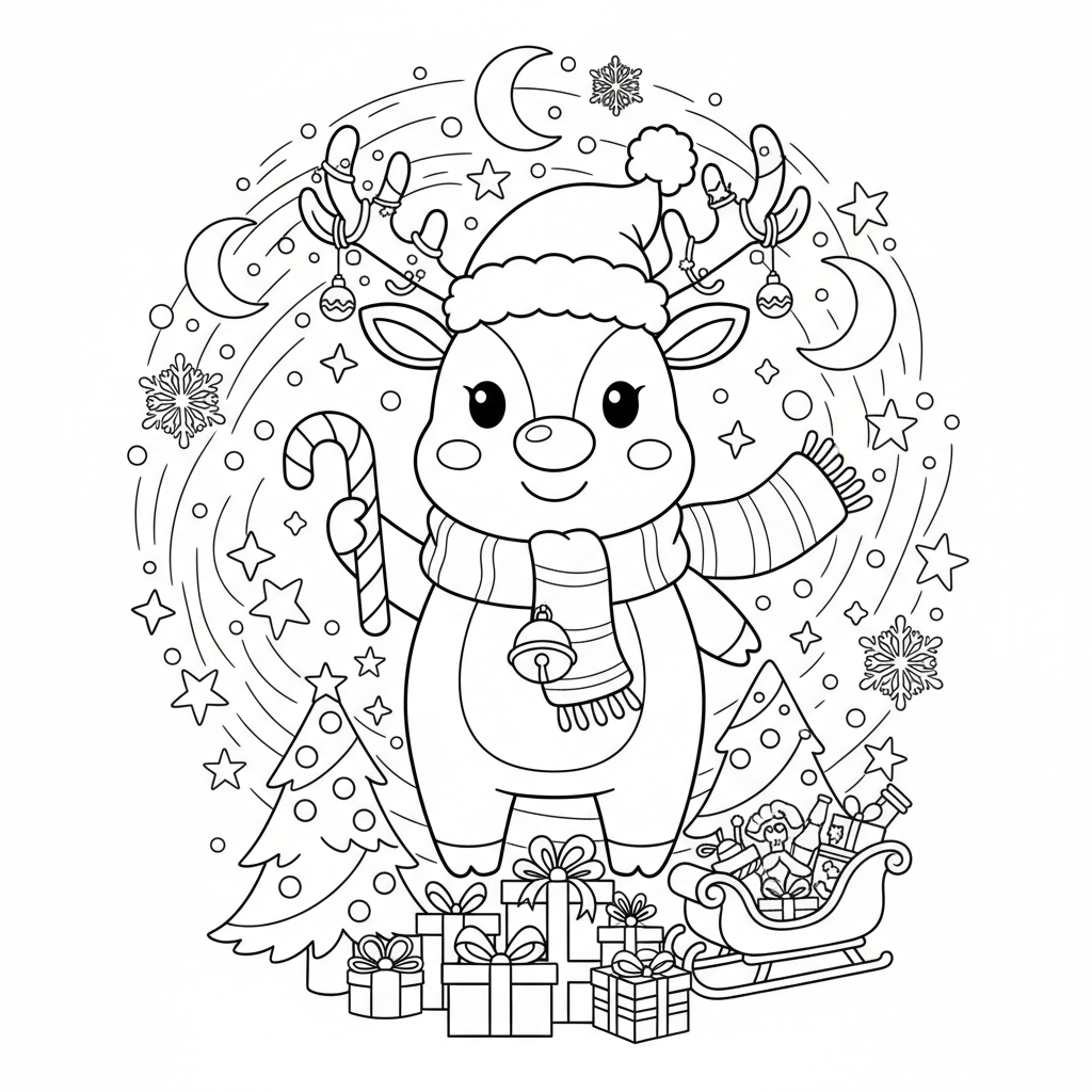 An adorable christmas character in a magical setting with stars