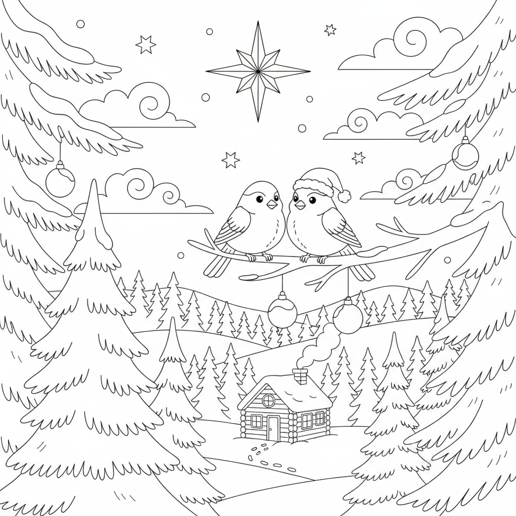 A peaceful christmas scene in nature with trees and birds