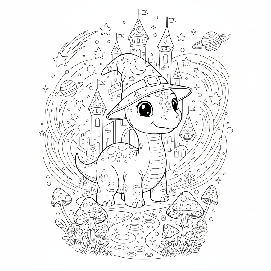 An adorable dinosaur character in a magical setting with stars