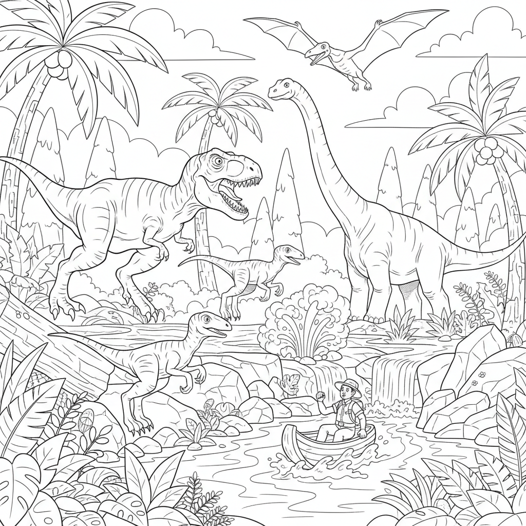 A dinosaur adventure scene with excitement and movement