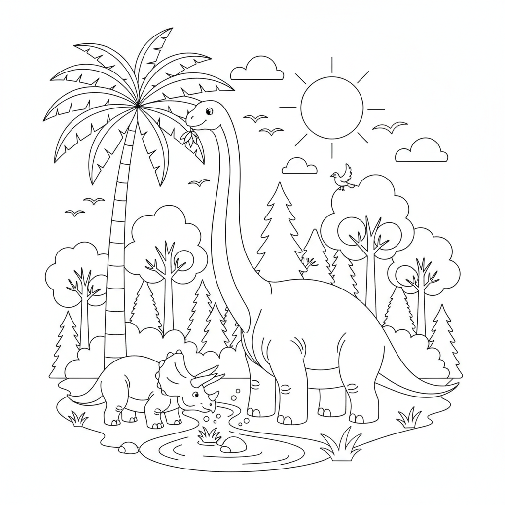 A peaceful dinosaur scene in nature with trees and birds