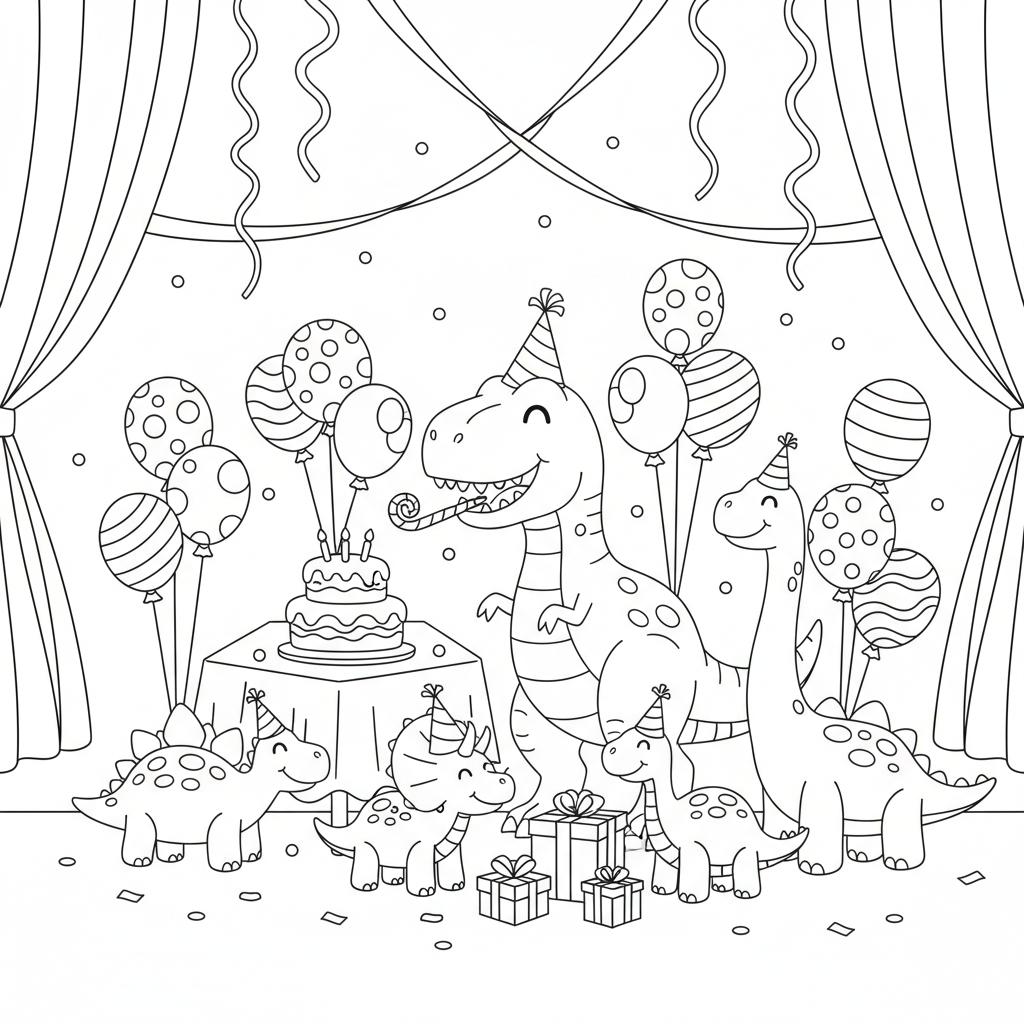 A fun dinosaur party scene with balloons and streamers