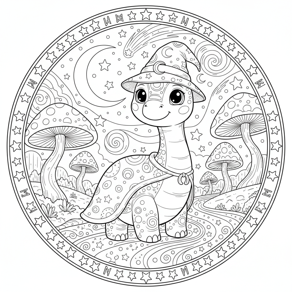 An adorable dinosaur character in a magical setting with stars
