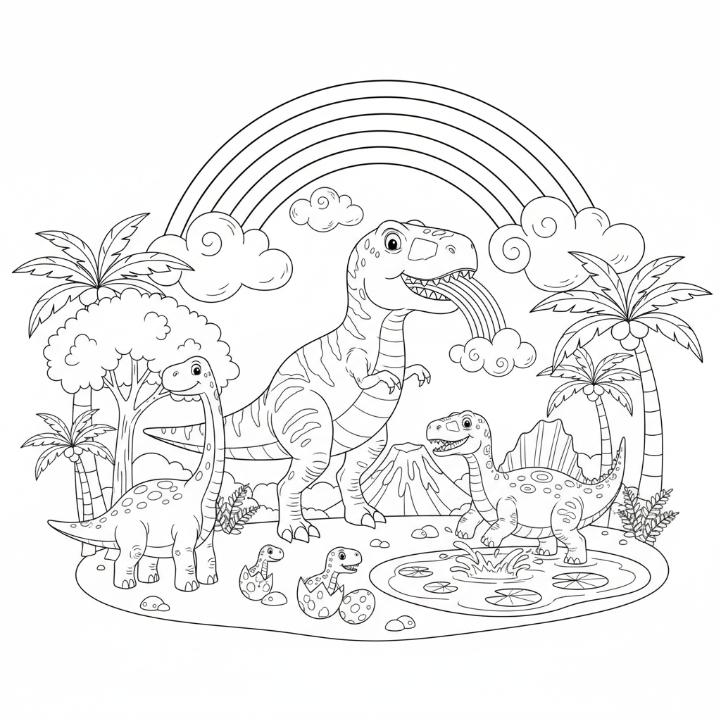 A dinosaur themed scene with a rainbow and clouds