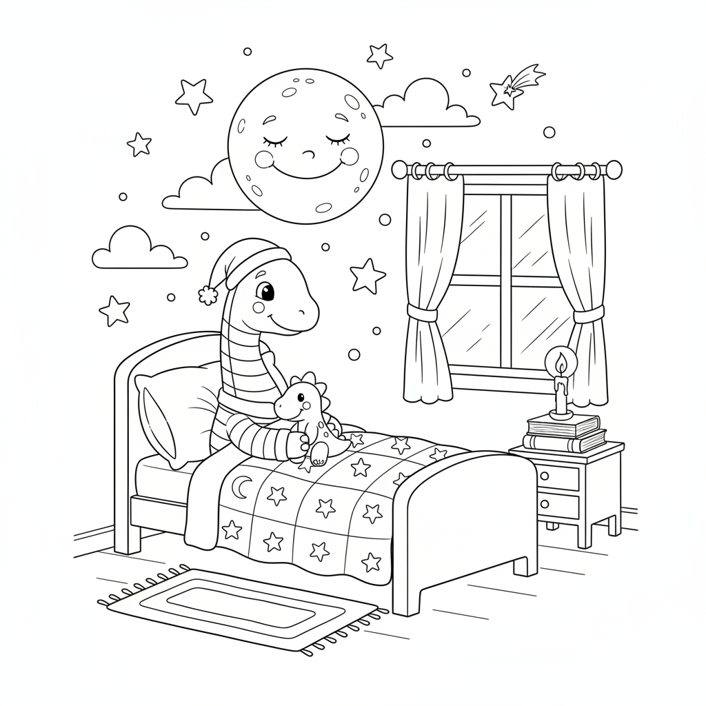 A cute dinosaur bedtime scene with moon and stars