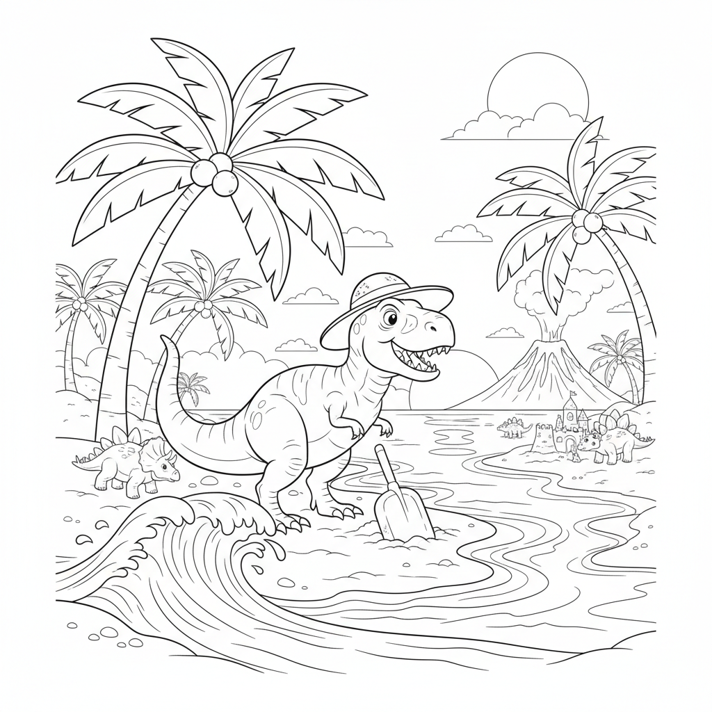 A dinosaur scene at the beach with sand and waves