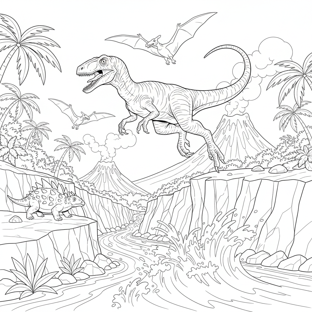 A dinosaur adventure scene with excitement and movement