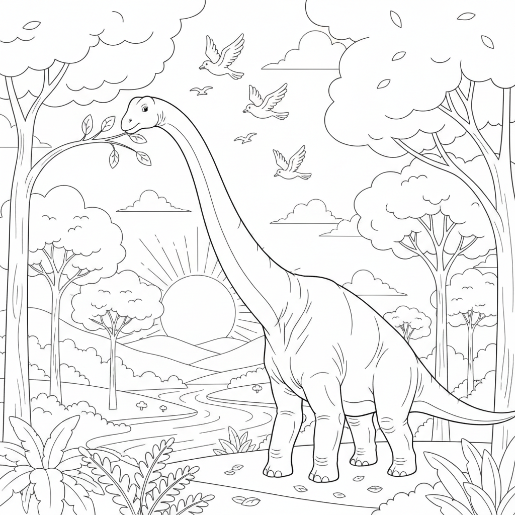 A peaceful dinosaur scene in nature with trees and birds
