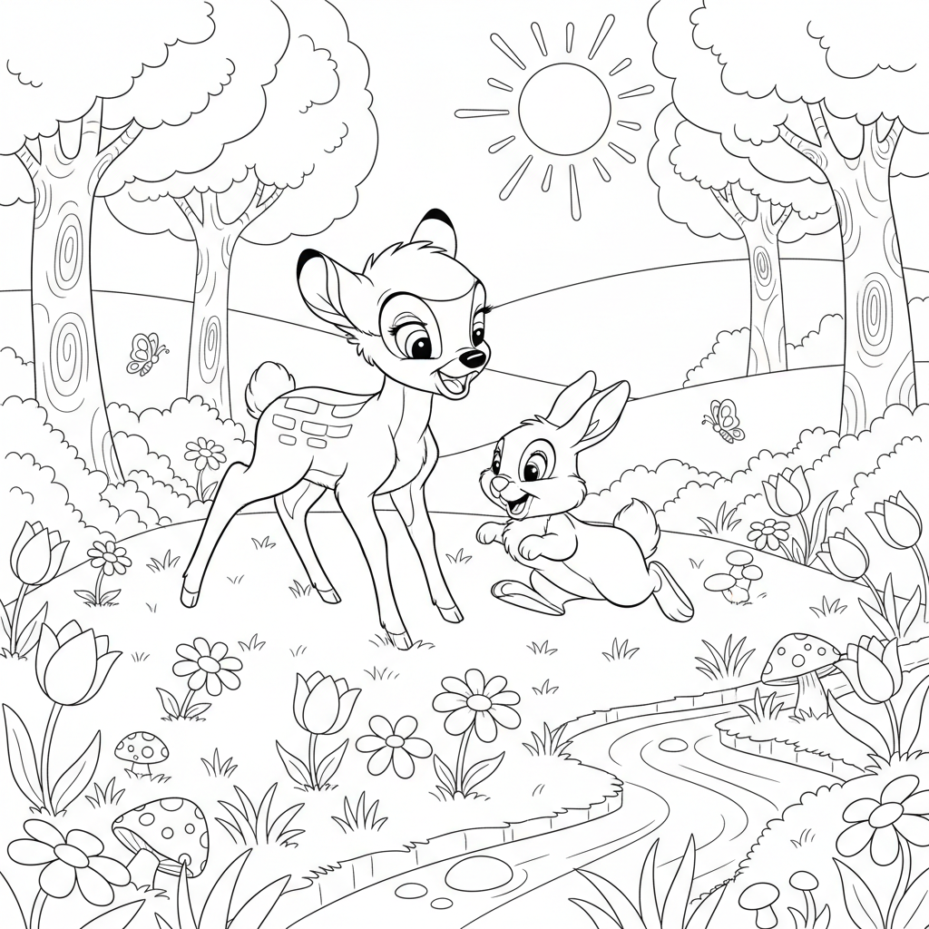 Bambi and Thumper playing in a forest meadow with flowers