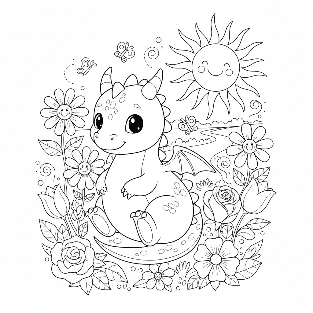 A cute dragon scene in a garden with flowers and sunshine