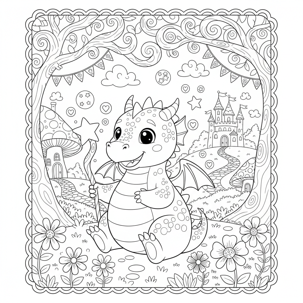 A playful dragon themed scene with fun details and decorations