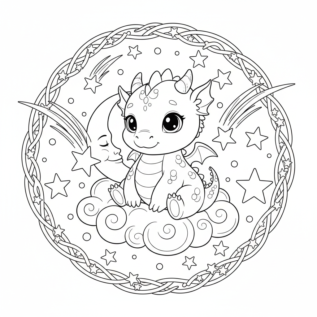 An adorable dragon character in a magical setting with stars