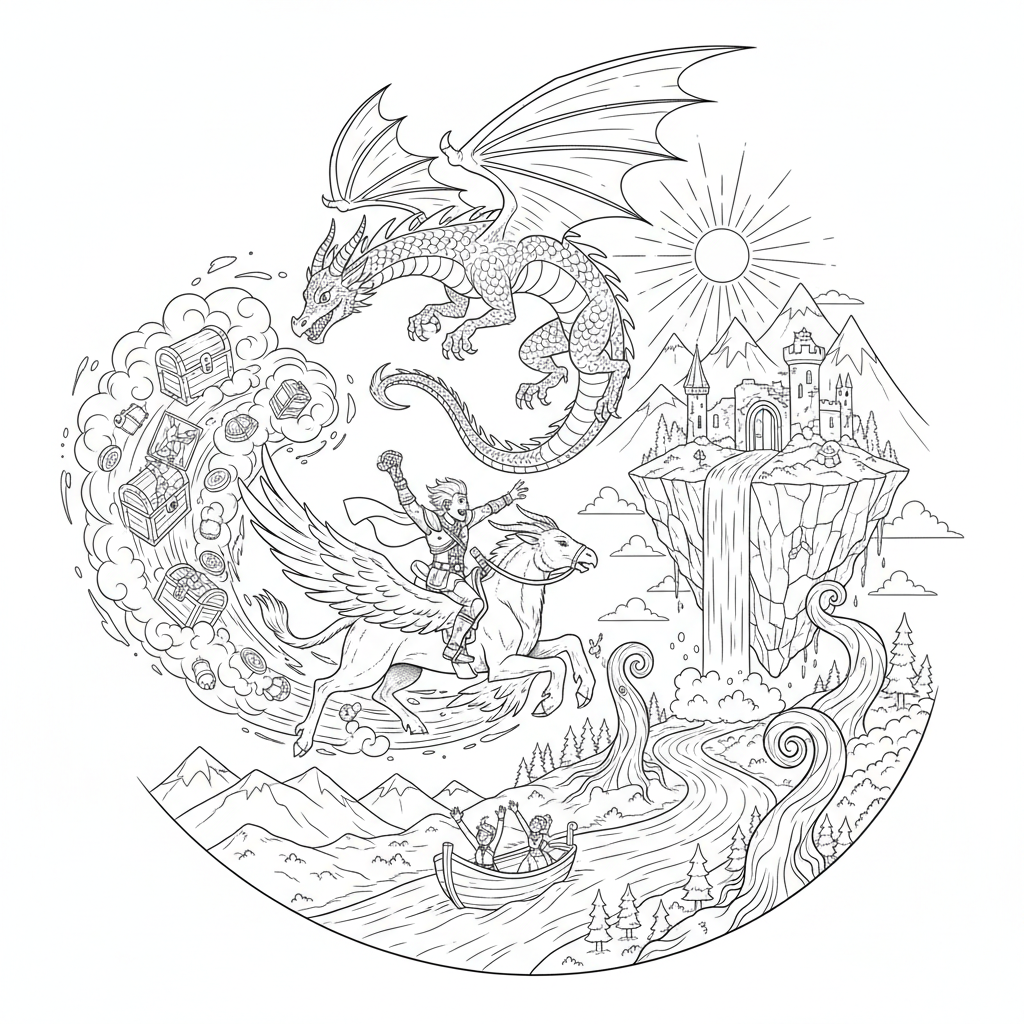 A dragon adventure scene with excitement and movement