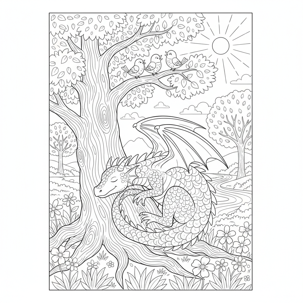 A peaceful dragon scene in nature with trees and birds