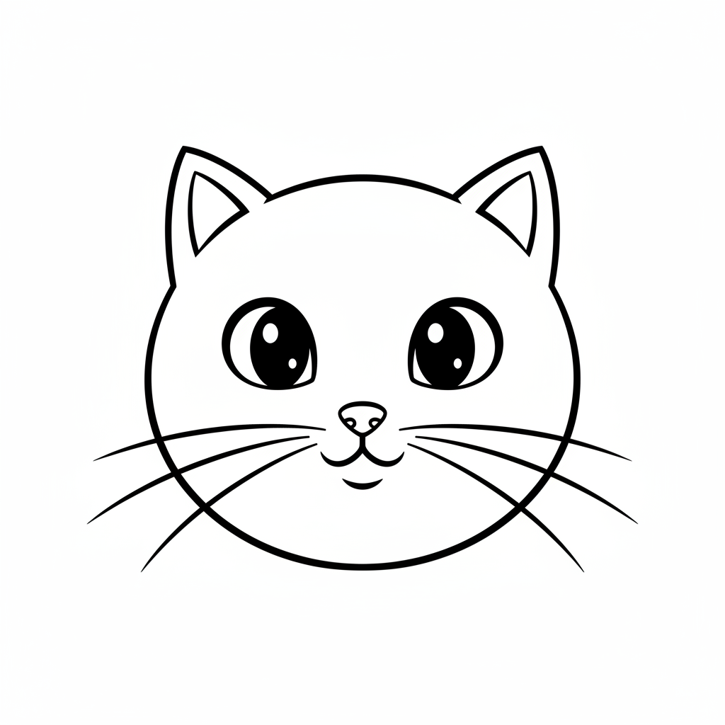 A large round cat face with whiskers and big eyes