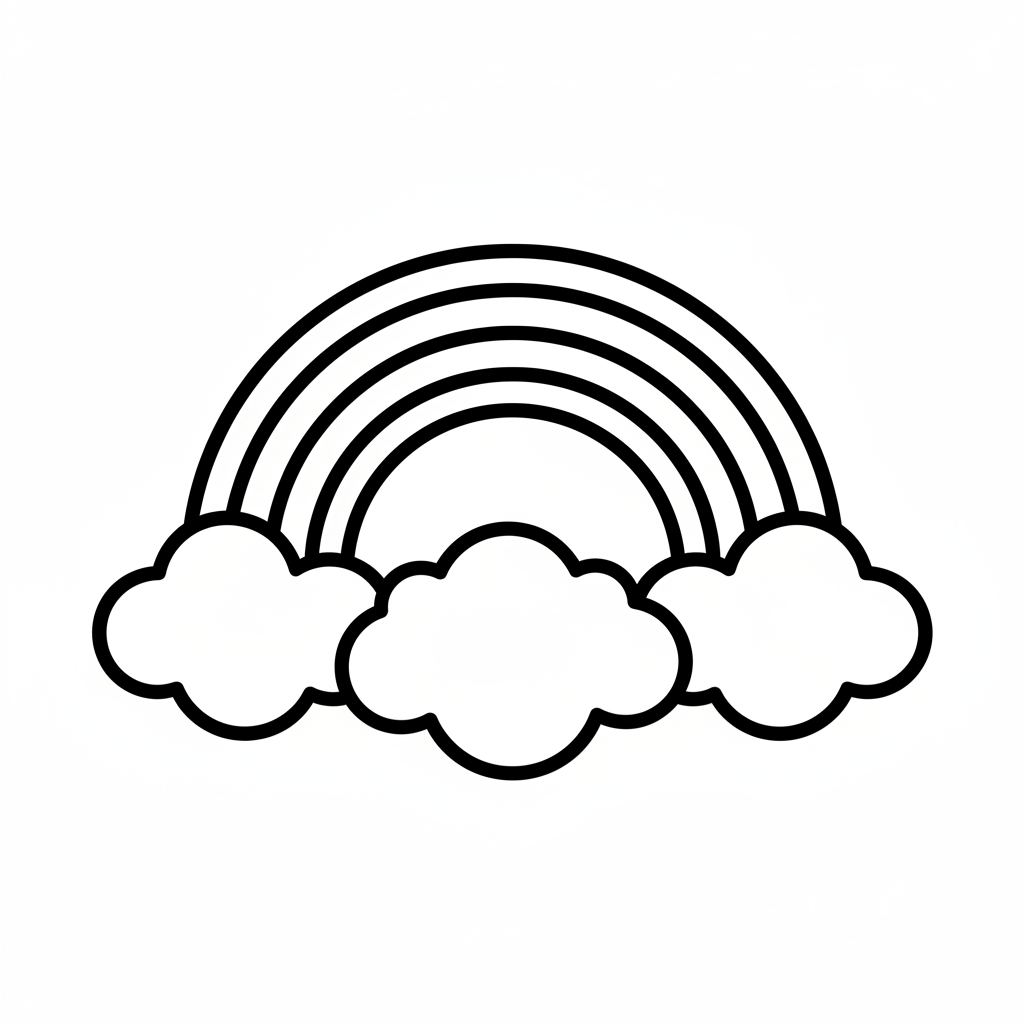 A simple rainbow with thick curved lines and clouds