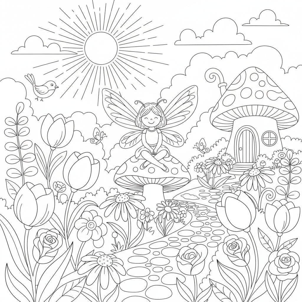 A cute fairy tale scene in a garden with flowers and sunshine