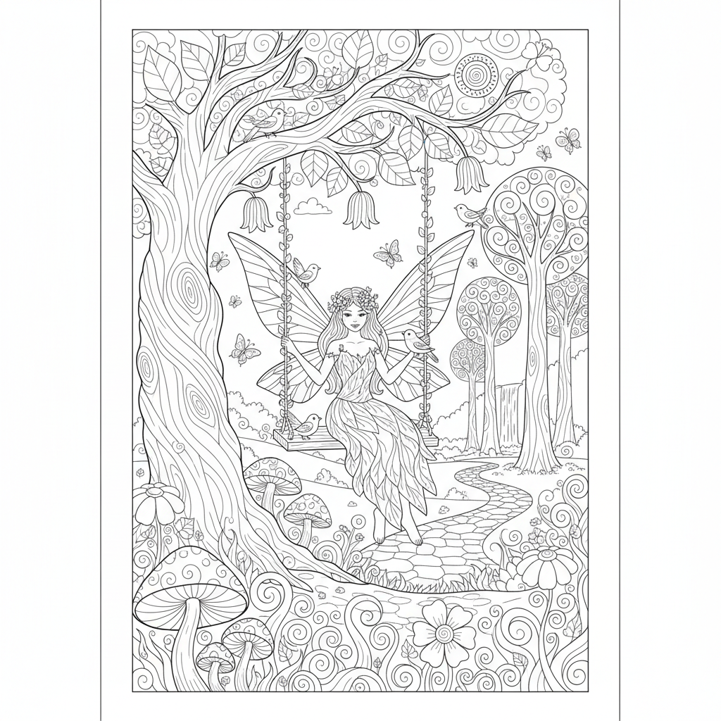 A peaceful fairy tale scene in nature with trees and birds