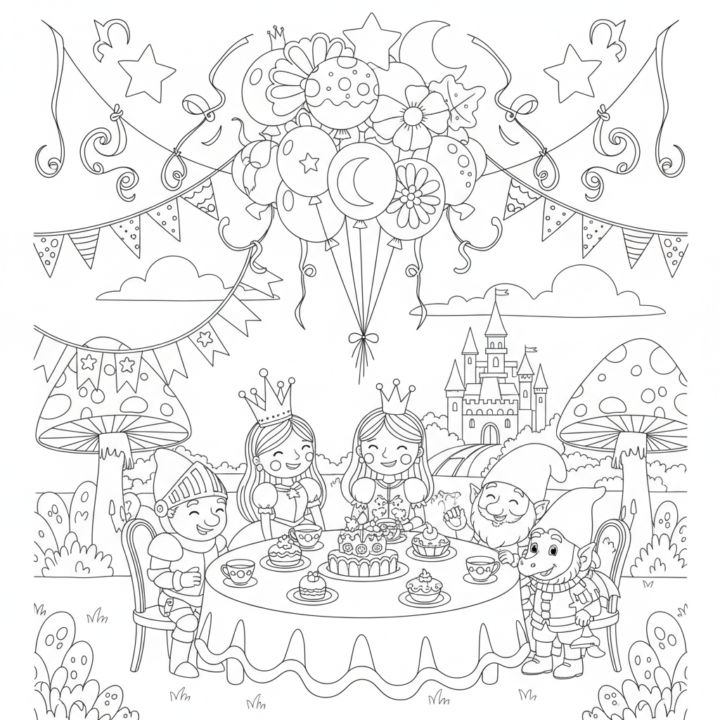 A fun fairy tale party scene with balloons and streamers