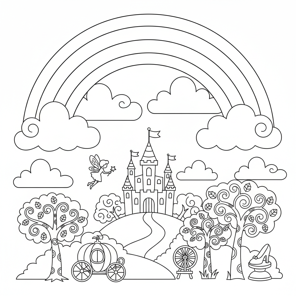 A fairy tale themed scene with a rainbow and clouds