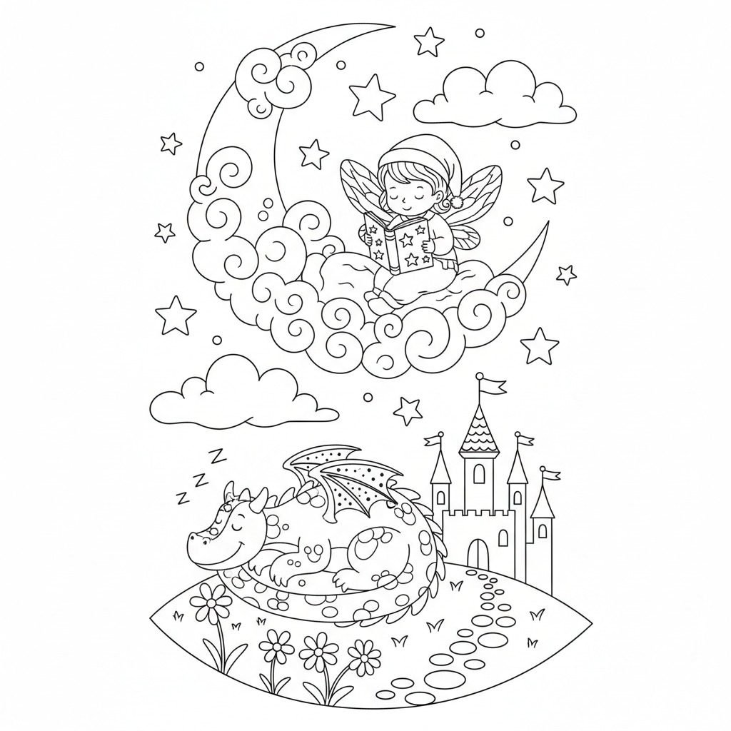 A cute fairy tale bedtime scene with moon and stars
