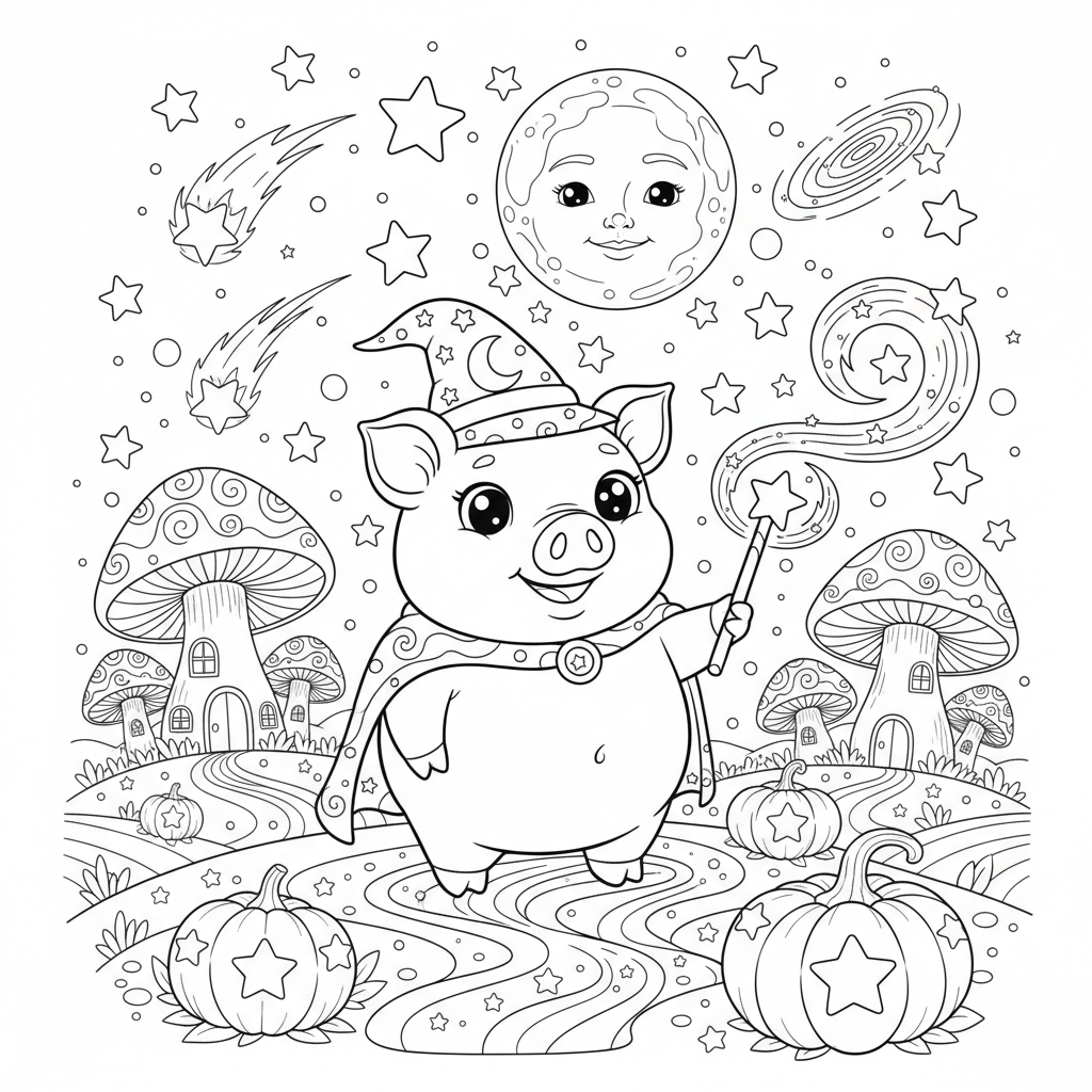 An adorable farm character in a magical setting with stars