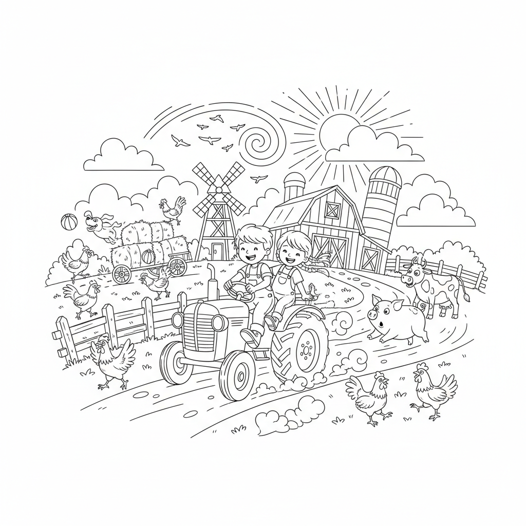 A farm adventure scene with excitement and movement