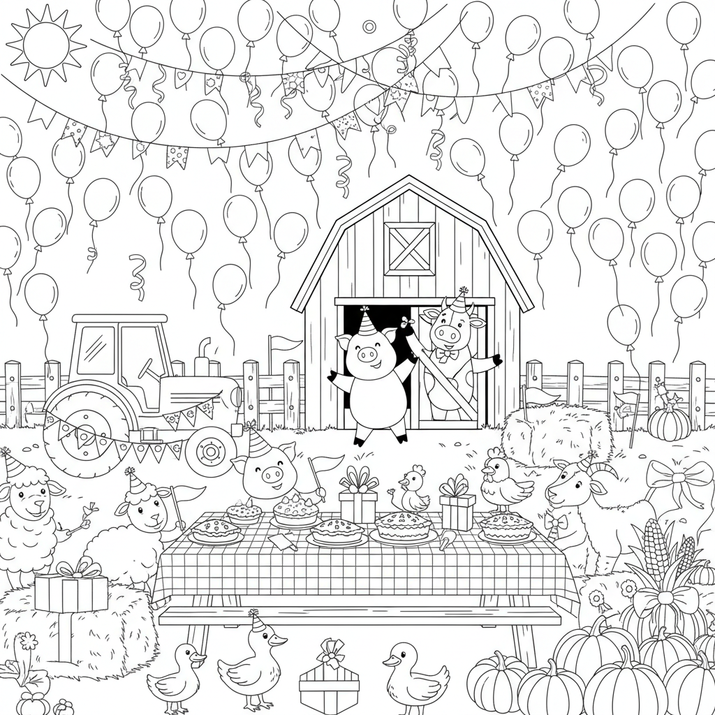 A fun farm party scene with balloons and streamers