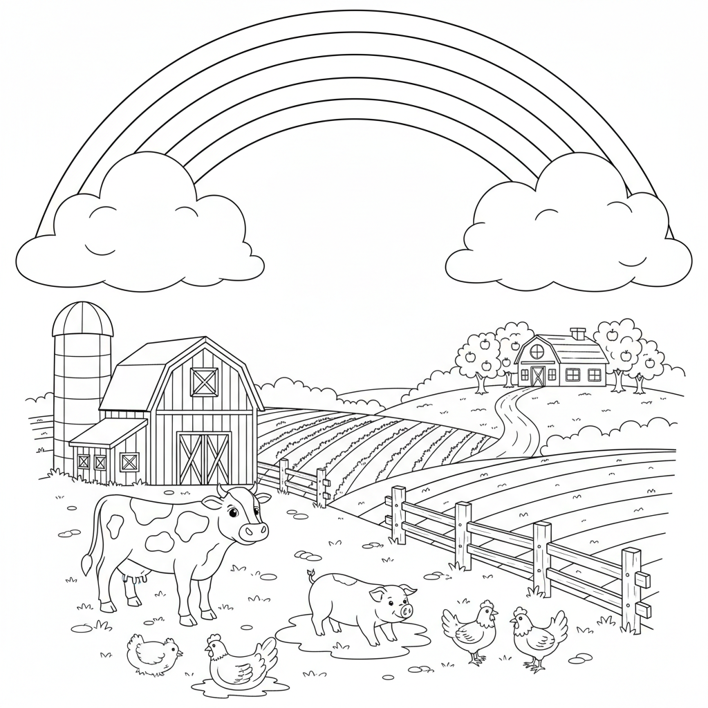 A farm themed scene with a rainbow and clouds