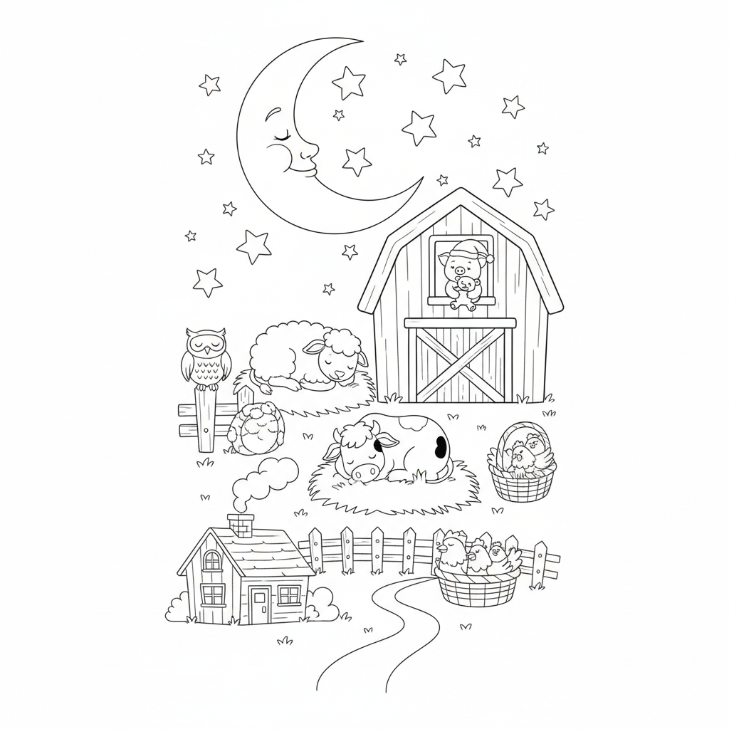 A cute farm bedtime scene with moon and stars