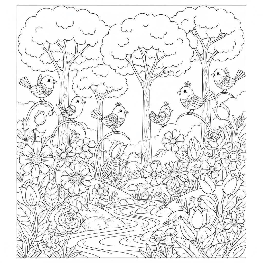 A peaceful flower scene in nature with trees and birds