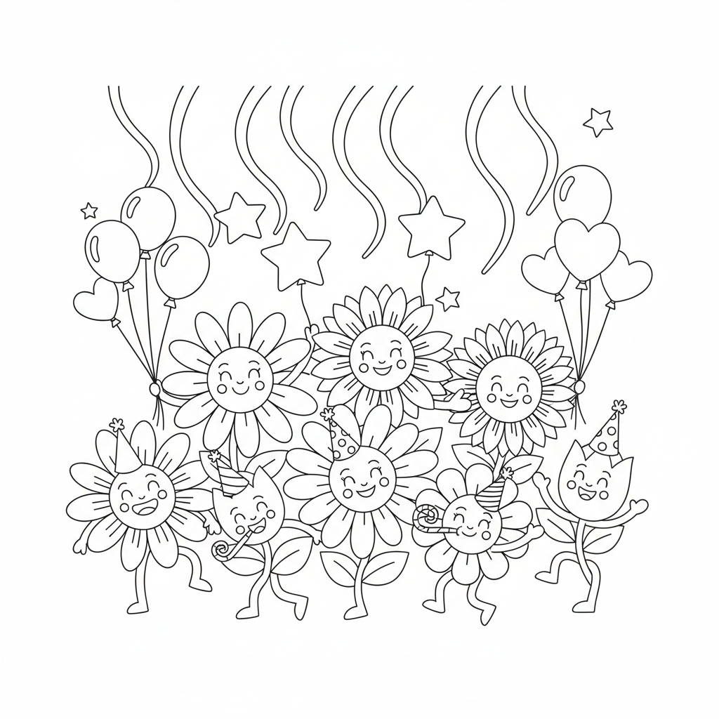 A fun flower party scene with balloons and streamers