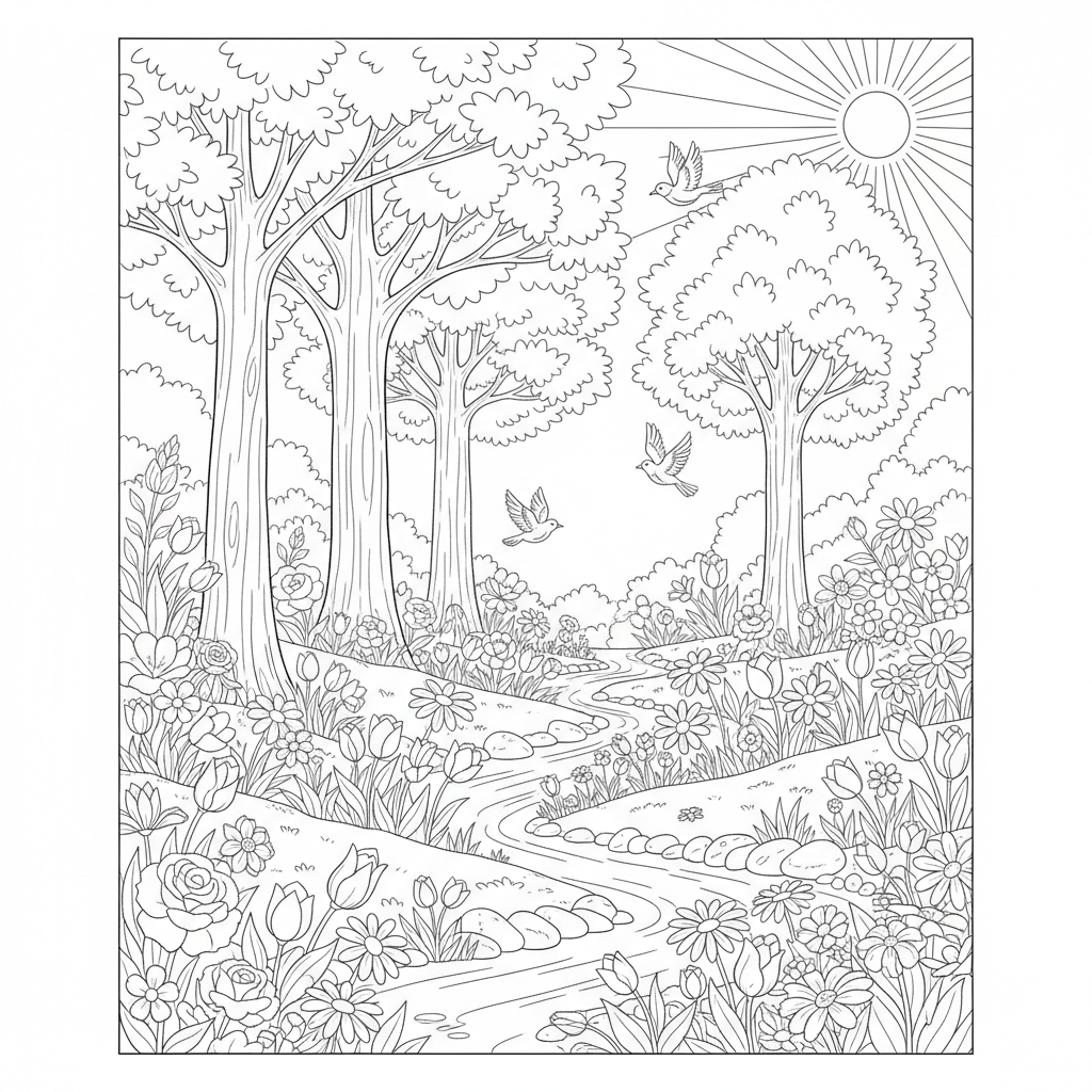 A peaceful flower scene in nature with trees and birds