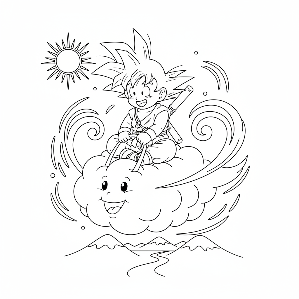 Young Kid Goku riding on Nimbus cloud smiling