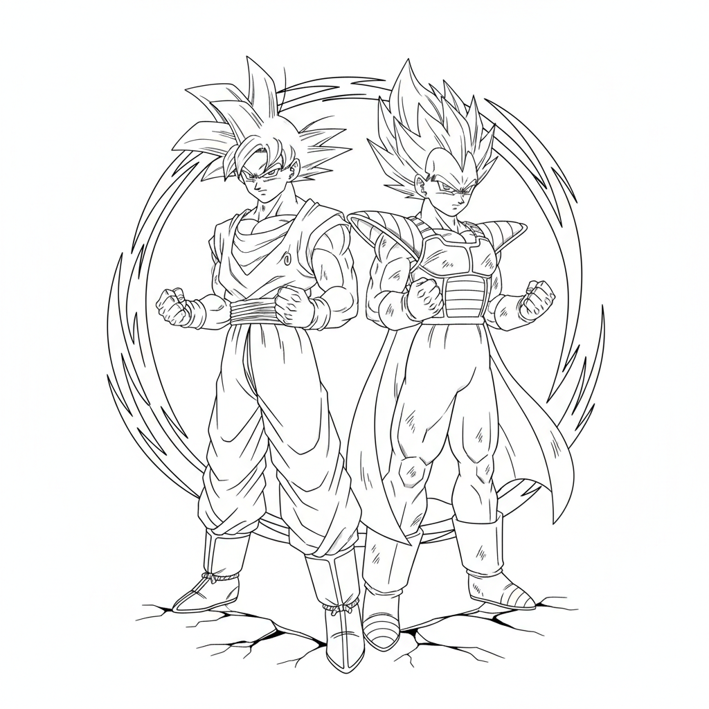 Goku and Vegeta standing back to back ready for battle