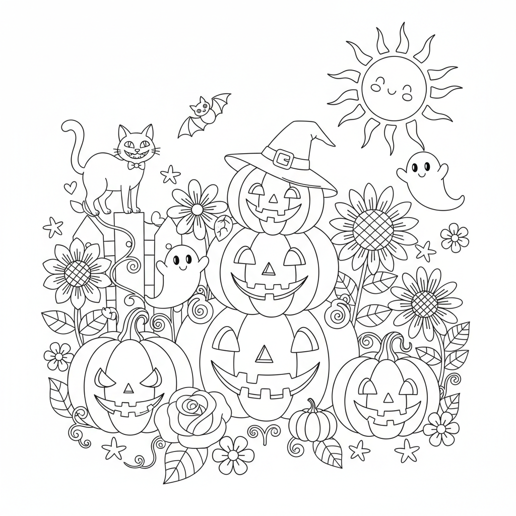 A cute halloween scene in a garden with flowers and sunshine