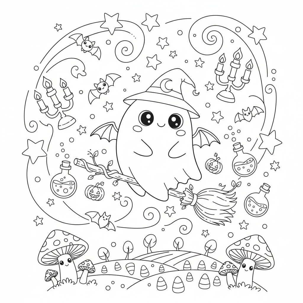 An adorable halloween character in a magical setting with stars
